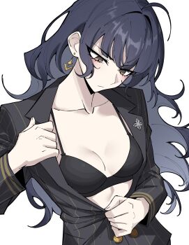 1girl absurdres black_bra black_jacket blue_hair bra breasts brown_eyes cleavage closed_mouth earrings highres jacket jewelry kashimoto_riko long_hair long_sleeves medium_breasts open_clothes open_jacket simple_background solo umamusume underwear vvernerluniq white_background