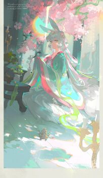 1girl absurdres animal_ears bird bonsai candlestand chinese_clothes hair_ornament hanfu highres long_hair long_sleeves original rabbit_ears rabbit_girl sitting sleeves_past_fingers sleeves_past_wrists solo table white_hair wide_sleeves yunouou10