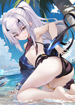 1girl ass bare_shoulders barefoot beach bikini black_bikini blue_sky blush breasts fate/grand_order fate_(series) forked_eyebrows high_ponytail highres hitsujibane_shinobu jewelry kneeling long_hair long_sleeves looking_at_viewer melusine_(fate) melusine_(swimsuit_ruler)_(fate) melusine_(swimsuit_ruler)_(first_ascension)_(fate) off_shoulder ponytail shore shrug_(clothing) sidelocks sky small_breasts smile solo swimsuit thigh_strap thighlet tongue tongue_out wet white_hair yellow_eyes