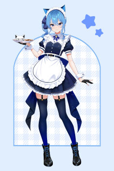 1girl absurdres animal_ears apron asymmetrical_sidelocks back_bow black_boots black_gloves blue_bow blue_dress blue_eyes blue_hair blue_ribbon boots bow cat_ears closed_mouth collared_dress commentary_request curry curry_rice double-parted_bangs dress flat_chest food frilled_apron frilled_dress frills full_body garter_straps gloves gradient_thighhighs hair_between_eyes hair_ribbon highres holding holding_plate hololive hoshimachi_suisei lace-up_boots looking_at_viewer maid maid_headdress medium_hair neck_ribbon partially_fingerless_gloves plate puffy_short_sleeves puffy_sleeves ribbon rice short_sleeves side_ponytail sidelocks smile solo star_(symbol) star_in_eye symbol_in_eye takoyaki_(hoshimachi_suisei) telu_(teluscarlet) virtual_youtuber waist_apron white_apron