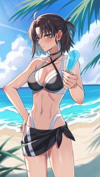 1girl bare_shoulders beach bikini black_bikini black_hair black_sarong blurry blurry_foreground breasts collarbone commentary_request cowboy_shot fate/grand_order fate_(series) food grey_hair highres holding holding_food holding_popsicle ice_cream kara_no_kyoukai medium_breasts ocean palm_tree popsicle ryougi_shiki sand sarong short_hair solo swimsuit tree water weilaizuigao703 white_bikini