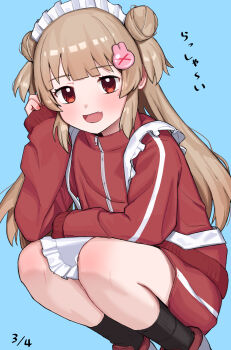 Rule 34 | 1girl, absurdres, apron, black socks, blue background, commentary request, dated, double bun, fang, hair bun, hair ornament, highres, jacket, long hair, looking at viewer, maid headdress, natori sana, natori sana (jersey), okaki8130, open mouth, rabbit hair ornament, red eyes, red jacket, red shorts, sana channel, shoes, shorts, simple background, skin fang, socks, solo, squatting, track jacket, translation request, virtual youtuber, white apron