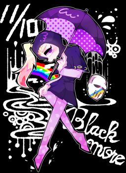 1boy black_background blackmore blonde_hair capelet catch_the_rainbow character_name coat commentary_request dress full_body gradient_hair holding holding_umbrella hood hood_up hooded_coat jojo_no_kimyou_na_bouken kokerata long_hair long_sleeves looking_at_viewer male_focus multicolored_hair pantyhose polka_dot purple_capelet purple_coat purple_eyes purple_pantyhose purple_shoes purple_umbrella rainbow rainbow_print raincoat red_hair shoes solo stand_(jojo) steel_ball_run umbrella white_mask