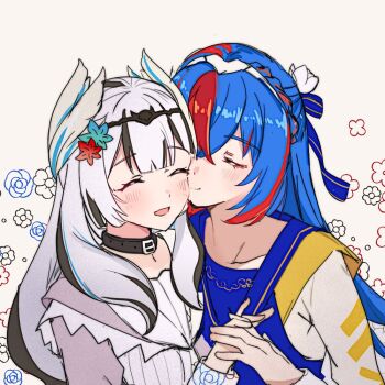 2girls ayanodesuu black_hair blue_hair blush braid breasts commentary_request crossed_bangs crown_braid dress female_alear_(fire_emblem) female_alear_(sister_dragons)_(fire_emblem) fire_emblem fire_emblem_engage fire_emblem_heroes grey_hair hair_between_eyes hair_ornament half-siblings long_hair long_sleeves multicolored_hair multiple_girls nintendo official_alternate_costume open_mouth red_hair siblings sisters small_breasts split-color_hair two-tone_hair very_long_hair veyle_(fire_emblem) veyle_(sister_dragons)_(fire_emblem) white_dress