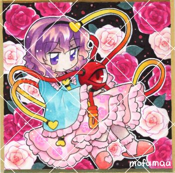 Rule 34 | 1girl, artist name, black hairband, blue shirt, buttons, closed mouth, collared shirt, commentary, eyeball, floral print, flower, frilled shirt collar, frilled skirt, frilled sleeves, frills, hair ornament, hairband, heart, heart button, heart hair ornament, highres, komeiji satori, looking at viewer, maa (forsythia1729), pink flower, pink rose, pink skirt, pink slippers, print skirt, purple eyes, purple hair, ribbon-trimmed collar, ribbon trim, rose, rose print, shikishi, shirt, skirt, slippers, smile, socks, solo, third eye, touhou, traditional media, watermark, watermark grid, white socks