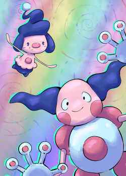 Rule 34 | closed mouth, commentary, english commentary, evolutionary line, gen 1 pokemon, gen 4 pokemon, highres, iheartbatsy, mime jr., mr. mime, nintendo, outstretched arms, pokemon, pokemon (creature), pokemon focus, rainbow background, ripples, smile, spread arms