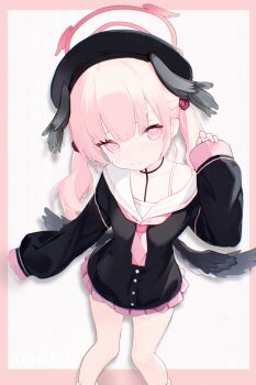 Rule 34 | 1girl, absurdres, beret, black hat, black shirt, black wings, blue archive, blush, body markings, border, bra strap, buttons, chinese commentary, closed mouth, collarbone, commentary request, feathered wings, feet out of frame, flower, hair flower, hair ornament, halo, hand up, hat, head wings, highres, koharu (blue archive), long hair, long sleeves, looking at viewer, low wings, miniskirt, mixed-language commentary, multi-source commentary, multiple wings, neckerchief, nose blush, nyarnya, outside border, pink border, pink eyes, pink hair, pink halo, pink neckerchief, pink skirt, pleated skirt, puffy long sleeves, puffy sleeves, sailor collar, school uniform, serafuku, shirt, simple background, single bare shoulder, single off shoulder, skirt, sleeves past wrists, socks, solo, twintails, white sailor collar, white socks, wings