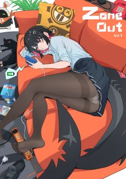 1girl absurdres arm_over_head black_cat black_hair black_pantyhose black_skirt breasts cat cellphone couch ellen_joe ellen_joe_(on_campus) fins fish_tail food_in_mouth foreshortening highres holding holding_phone lying medium_breasts multicolored_hair official_alternate_costume on_couch on_side panties pantyhose phone pleated_skirt red_eyes red_hair shark_girl shark_tail shirt shoes skirt smartphone solo spoken_battery streaked_hair tail tinkie underwear unworn_shoes white_panties white_shirt zenless_zone_zero