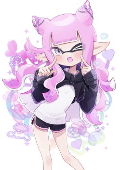 1girl :3 black_jacket black_shorts blunt_bangs blush commentary cropped_jacket fang highres inkling inkling_girl inkling_player_character jacket long_hair long_sleeves nintendo open_mouth pink_hair pointing pointing_at_self pointy_ears psya_ma shirt shorts sidelocks smile solo splatoon_(series) standing symbol-only_commentary tentacle_hair very_long_hair white_shirt