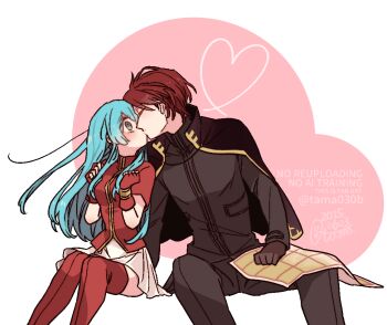 Rule 34 | 1boy, 1girl, 2025, aqua eyes, aqua hair, black capelet, black shirt, boots, breasts, brown gloves, capelet, closed eyes, commentary request, couple, eirika (fire emblem), fingerless gloves, fire emblem, fire emblem: the sacred stones, gloves, heart, hetero, high collar, holding, holding map, invisible chair, kiss, long hair, long sleeves, map, map (object), miniskirt, nintendo, pink background, red boots, red eyes, red gloves, red hair, red shirt, sayu030b, seth (fire emblem), shirt, short hair, short sleeves, sidelocks, sitting, skirt, small breasts, surprise kiss, surprised, thigh boots, thighhighs, twitter username, two-tone background, watermark, white background, white skirt, wide-eyed, zettai ryouiki