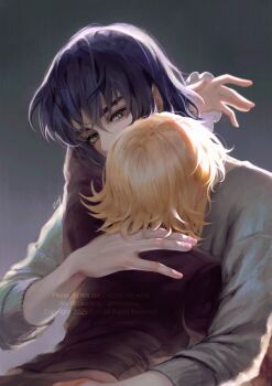 1boy 1girl arm_around_neck arm_around_shoulder athrun_zala blonde_hair blue_hair brown_shirt cagalli_yula_athha commentary couple english_commentary green_eyes grey_background grey_sweater gundam gundam_seed hair_between_eyes hetero highres hug inhouhou shirt short_hair signature sweater upper_body