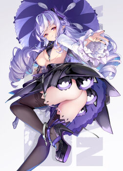 1girl black_panties black_pantyhose black_shoes breasts buttcrack closed_mouth commentary drill_hair english_text highres holding holding_umbrella hong_(white_spider) long_hair long_sleeves looking_at_viewer looking_back medium_breasts mole mole_under_eye narrowed_eyes panties pantyhose patreon_username pointy_ears purple_hair red_eyes sexually_suggestive shoes solo thighhighs thrusters topless_female umbrella underwear upskirt variant_set vivian_banshee zenless_zone_zero