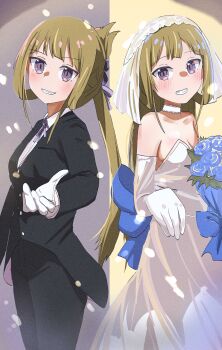 1girl absurdres bare_shoulders before_and_after birrrrrrri18 black_jacket black_pants blue_bow blue_flower blue_ribbon blue_rose blush bouquet bow breasts bridal_veil bride brown_hair choker cleavage collarbone collared_shirt dress dress_shirt dual_persona elbow_gloves flower folded_ponytail formal_clothes gloves grin hair_ribbon hair_rings highres holding holding_bouquet jacket long_hair long_sleeves looking_at_viewer multiple_girls multiple_views neck_ribbon nogi_wakaba nogi_wakaba_wa_yuusha_de_aru pant_suit pants parted_lips ponytail purple_eyes purple_ribbon reaching reaching_towards_viewer ribbon rose shirt small_breasts smile split_screen standing strapless strapless_dress suit teeth veil very_long_hair wedding_dress white_choker white_dress white_gloves white_shirt yuusha_de_aru