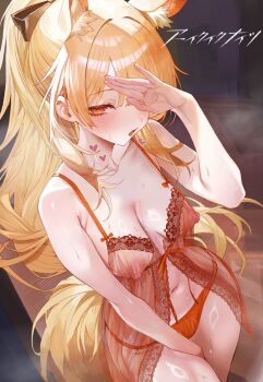 1girl absurdres animal_ear_fluff animal_ears arknights babydoll blonde_hair blush breasts character_request highres horse_ears horse_girl horse_tail long_hair medium_breasts midriff navel nipples orange_eyes orange_panties panties see-through_babydoll see-through_clothes solo suujiniku tail thighs underwear very_long_hair