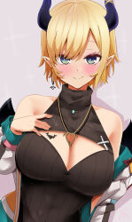Rule 34 | 1girl, absurdres, black sweater, blonde hair, blue eyes, blush, breast tattoo, breasts, cleavage, cleavage cutout, clothing cutout, demon girl, demon horns, demon wings, earrings, gold necklace, grey jacket, hand on own chest, heart, heart tattoo, highres, hololive, horns, jacket, jewelry, large breasts, looking at viewer, natsume mina, necklace, official alternate costume, pointy ears, short hair, single earring, sleeveless, sleeveless sweater, smile, solo, sweater, tattoo, turtleneck, turtleneck sweater, winged heart tattoo, wings, yuzuki choco, yuzuki choco (streetwear)