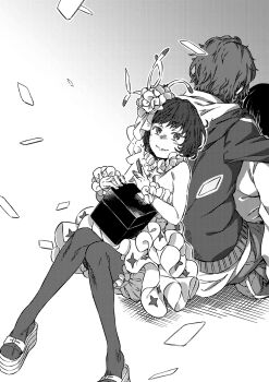 1boy 2girls back-to-back bare_shoulders bloomers blush box closed_mouth commentary_request detached_collar dion_fortune dress flower frilled_cuffs frilled_dress frills greyscale haimura_kiyotaka hair_flower hair_ornament halftone_dot_(medium) hamazura_shiage highres holding holding_box hood hood_down hug knee_up looking_at_viewer monochrome multiple_girls novel_illustration official_art pants pantyhose platform_sandals sandals shirt short_dress short_hair sitting sleeveless sleeveless_dress smile takitsubo_rikou tiptoes toaru_majutsu_no_index toaru_majutsu_no_index:_new_testament underwear veil white_background white_dress