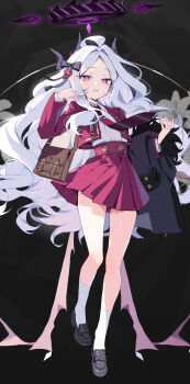 1girl absurdres ahoge bag black_background black_bow black_coat black_halo black_horns blue_archive blush bow breasts brown_bag coat collared_shirt commentary demon_girl demon_horns demon_wings flower full_body hair_bow hair_ornament halo highres hina_(blue_archive) holding holding_unworn_clothes horns jacket loafers long_hair looking_at_viewer low_wings multiple_horns necktie open_mouth parted_bangs pleated_skirt purple_eyes purple_halo purple_wings red_jacket red_necktie red_skirt shirt shoes shoulder_bag skirt small_breasts socks solo striped_clothes striped_necktie unworn_coat white_flower white_hair white_shirt white_socks wings yotte zoom_layer