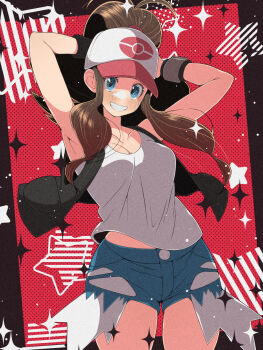 1girl baseball_cap black_vest blue_eyes blush breasts brown_hair commentary_request denim denim_shorts exposed_pocket fujiwara_hiro_(kaede_ciao) hat high_ponytail highres hilda_(pokemon) long_hair looking_at_viewer nintendo open_clothes open_mouth open_vest pokemon pokemon_bw ponytail shirt shorts sidelocks smile solo vest white_shirt wristband