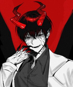 1boy black_eyes black_hair black_shirt black_wings coat collared_shirt colored_extremities colored_veins demon_horns evil_grin evil_smile grin hand_up hashtag-only_commentary highres horns kim_dokja looking_at_viewer male_focus omniscient_reader&#039;s_viewpoint open_clothes open_coat plu_awk red_pupils shirt short_hair smile solo upper_body white_coat wings
