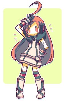 Rule 34 | 1girl, ahoge, android, black gloves, black thighhighs, boots, dress, full body, fur dress, gloves, hand on own forehead, hand on own hip, hashtag-only commentary, headset, huge ahoge, joints, knee boots, long hair, negiwave2000, open mouth, orange eyes, orange hair, orange thighhighs, robot joints, sf-a2 miki, sleeveless, sleeveless dress, solo, star (symbol), striped clothes, striped thighhighs, thighhighs, two-tone thighhighs, very long hair, vocaloid, white boots, white dress