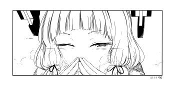 Rule 34 | 1girl, artist name, blunt bangs, covering own mouth, dated, greyscale, hair ribbon, headgear, highres, hikashima (shiofune), kantai collection, looking at viewer, monochrome, murakumo (kancolle), ribbon, sidelocks, solo, steam, steepled fingers, tress ribbon, upper body