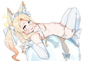1girl alternate_costume animal_ear_fluff animal_ears arai ball bikini blonde_hair blue_archive blush breasts elbow_gloves exercise_ball flower flower_wreath fox_ears fox_girl fox_tail gloves gradient_eyes hair_flower hair_ornament halo highres loli long_hair looking_at_viewer micro_bikini multicolored_eyes navel open_mouth parted_bangs pink_eyes sandals seia_(blue_archive) side-tie_bikini_bottom simple_background small_breasts smile solo stomach swimsuit tail thighhighs thighs twintails white_background white_bikini white_gloves white_thighhighs yellow_eyes yellow_halo