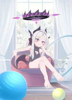 1girl absurdres alternate_costume armpits ball bare_shoulders barefoot black_halo black_horns black_ribbon black_wings blue_archive blush chair cleavage_cutout clothing_cutout collarbone commentary_request couch crossed_legs curtains demon_girl demon_horns demon_wings feet fingernails flat_chest full_body gehenna_academy_logo grey_hair grin hair_ornament hair_ribbon hairclip halo hand_up head_on_hand head_rest heart_cutout highres hina_(blue_archive) hoop horns hula_hoop indoors leotard loli long_hair long_sidelocks looking_at_viewer low_wings multiple_horns nail_polish on_couch parted_bangs parted_lips pink_nails plant potted_plant purple_eyes ribbon saeki_tatsuya see-through_curtains sidelocks sitting smile solo sunlight swimsuit toenails toes window wings