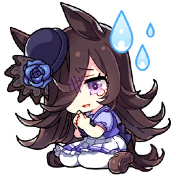 1girl animal_ears artist_request back_bow black_hat black_veil blue_bow blue_bowtie blue_flower blue_rose blue_sailor_collar blue_shirt bow bowler_hat bowtie brown_hair brown_shoes chibi eyelashes flower frilled_skirt frills game_cg gloom_(expression) hair_over_one_eye hat hat_flower high-waist_skirt horse_ears horse_girl horse_tail long_hair lowres medium_skirt mini_hat official_art own_hands_together panties pleated_skirt purple_eyes rice_shower_(umamusume) rose sad sailor_collar school_uniform shirt shoes sitting skirt solo sweatdrop tail tearing_up tracen_school_uniform transparent_background two-tone_shirt umamusume underwear uwabaki veil very_long_hair wariza white_panties white_shirt white_skirt