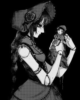 Rule 34 | 1girl, absurdres, bare arms, black background, braid, breasts, choker, closed mouth, commentary, corset, crimescenepartz, doll, doll joints, english commentary, flower, from side, gothic lolita, greyscale, halftone, hat, hat flower, highres, holding, holding doll, joints, lolita fashion, long hair, looking at doll, monochrome, original, simple background, single braid, sketch, skirt, small breasts, solo, very long hair