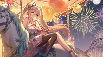 1girl aerial_fireworks animal_ear_headphones animal_ears axent_wear bare_shoulders blonde_hair blue_eyes box breasts brown_pantyhose carousel cat_ear_headphones cat_ears detached_collar fake_animal_ears ferris_wheel fireworks gift gift_box headphones highres long_hair looking_at_viewer medium_breasts michele_(strinova) michele_(sweet_tooth_paradise)_(strinova) night official_art open_mouth pantyhose pink_skirt shirt single_leg_pantyhose sitting skirt sleeveless sleeveless_shirt smile solo strinova underbust very_long_hair white_shirt