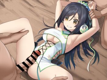 1girl ainu akaoni_(zumt3548) armpits arms_up bar_censor black_bow black_hair black_panties black_ribbon bow breasts censored center_opening clenched_teeth commission covered_erect_nipples cross-laced_clothes cross-laced_dress dress eyes_visible_through_hair gradient_eyes gradient_ribbon green_dress green_ribbon group_sex halter_dress halterneck held_down hetero highres holding_another's_wrist kuon_(utawarerumono) large_penis long_hair looking_at_penis m_legs microdress mmf_threesome multicolored_eyes navel panties penis pixiv_commission ponytail rape restrained ribbon sideboob spread_legs teeth thigh_grab threesome underboob underwear utawarerumono utawarerumono:_lost_flag very_long_hair white_dress yellow_eyes