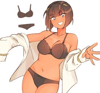 Rule 34 | 1girl, black bra, black hair, black panties, bow, bow panties, bra, breasts, bruno bucciarati, collarbone, commentary, dark-skinned female, dark skin, genderswap, genderswap (mtf), grey eyes, highres, jojo no kimyou na bouken, looking at viewer, malan, navel, open clothes, open shirt, panties, shirt, short hair, simple background, smile, solo, underwear, vento aureo, white background, white shirt