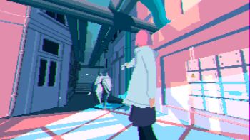 1girl aiming alley animated animated_gif apo_(rairaru20001) black_leggings blue_eyes chromatic_aberration closed_mouth commentary cyberpunk english_commentary firing gun holding holding_gun holding_weapon jacket leggings non-humanoid_robot original pink_hair pixel_art robot shorts standing weapon white_jacket wind window window_shadow zooming_in