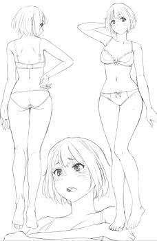 1girl arm_behind_head ass back blush bow bow_bra bow_panties bra breasts cleavage crossed_arms d: from_behind full_body hand_on_back lineart medium_breasts monochrome multiple_views navel open_mouth original panties profile ryuuta_(msxtr) short_hair standing teeth underwear underwear_only upper_teeth_only