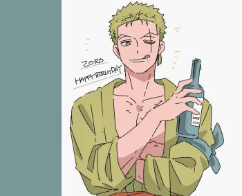 Rule 34 | 1boy, ;q, bandana around arm, birthday, bottle, character name, closed mouth, collarbone, crossed arms, earrings, green hair, green kimono, happy birthday, haramaki, hnyktrqof111889, holding, holding bottle, japanese clothes, jewelry, kimono, male focus, notice lines, one eye closed, one piece, pectorals, roronoa zoro, scar, scar across eye, scar on chest, scar on face, short hair, solo, straight-on, tongue, tongue out, upper body