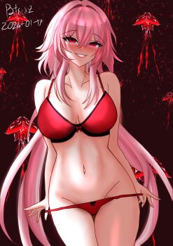 1girl absurdres artist_name bra breasts cleavage commentary dated english_commentary evernight_(honkai:_star_rail) evey_(honkai:_star_rail) groin highres honkai:_star_rail honkai_(series) jellyfish large_breasts long_hair looking_at_viewer march_7th_(honkai:_star_rail) naughty_face navel panties panty_pull patrixz pink_hair red_bra red_eyes red_panties stomach thighs underwear underwear_only very_long_hair