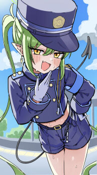 Rule 34 | 1girl, blue archive, blue hat, blue shorts, blue sky, blush, commentary request, earrings, eff i, gloves, green hair, green halo, halo, hat, highres, jewelry, long hair, midriff, navel, open mouth, outdoors, pointy ears, school uniform, shorts, sky, solo, white gloves