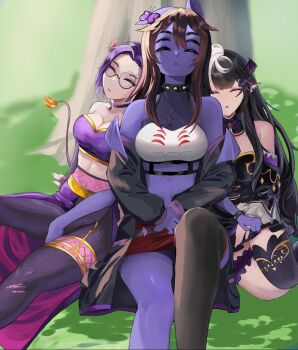 animal_ears arthropod_girl bat_ears black_hair brown_hair bug butterfly choker collar colored_skin crop_top dante_will dante_will_(spider) daxlian detached_collar extra_arms extra_eyes fur-tipped_tail glasses hanako_awing highres horns indie_virtual_youtuber insect insect_girl jacket long_hair monster_girl multicolored_hair neobaka pants poetadasarte portuguese_commentary purple_hair purple_skin round_eyewear short_hair skirt spider_girl spiked_collar spikes thighhighs tree two-tone_hair under_tree white_hair