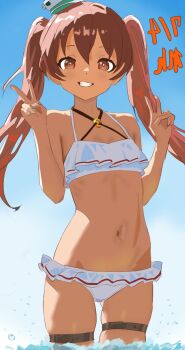 1girl alternate_costume artist_name bikini blue_sky brown_eyes brown_hair cloud commentary_request dark-skinned_female dark_skin double_v flat_chest frilled_bikini frills gluteal_fold grin hair_between_eyes highres kantai_collection libeccio_(kancolle) long_hair navel one-hour_drawing_challenge one-piece_tan ren_(pawer1945) reversed sky smile solo swimsuit tan tanline thigh_strap twintails v white_bikini
