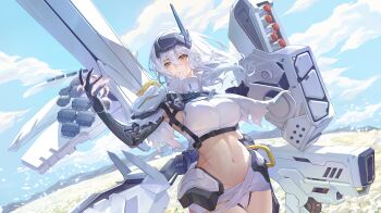 Rule 34 | 1girl, absurdres, bandaged stomach, bandaged waist, blue sky, cloak, cloud, commentary request, day, dog tags, eru (eru illust), field, flower, flower field, goddess of victory: nikke, head-mounted display, highres, holding, holding flower, lily (flower), mechanical arms, official alternate design, outdoors, panties, petals, pilgrim symbol (nikke), rigging, scar, scar on stomach, sky, snow white (heavy arms) (nikke), snow white (nikke), solo, torn cloak, torn clothes, underwear, visor (armor), visor lift, white cloak, white flower, white hair, white lily, white panties, white petals, yellow eyes