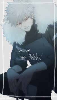 1boy absurdres armor bright_pupils dated fur_collar grey_background grey_hair happy_birthday highres inset_border japanese_armor kemu_(19002265km) long_sleeves looking_at_viewer male_focus naruto_(series) red_eyes senju_tobirama short_hair shoulder_armor sode solo white_pupils