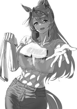 1girl abs absurdres animal_ears bow braid breasts commentary crop_top cropped_shirt denim hair_between_eyes highres horse_ears horse_girl large_breasts long_hair looking_at_viewer midriff multicolored_hair muscular muscular_female open_mouth outstretched_arm pants ponytail senchan_7 shirt short_sleeves simple_background smile solo streaked_hair super_creek_(umamusume) uma_summer_(umamusume) umamusume very_long_hair white_background