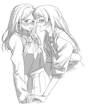 2girls bang_dream! bang_dream!_it&#039;s_mygo!!!!! blush chihaya_anon closed_eyes collared_shirt commentary_request ear_blush fang gommotheworld greyscale haneoka_school_uniform highres holding_hands korean_commentary long_hair monochrome multiple_girls nagasaki_soyo neckerchief necktie one_eye_closed open_mouth parted_lips school_uniform shirt sleeves_rolled_up smile tsukinomori_school_uniform