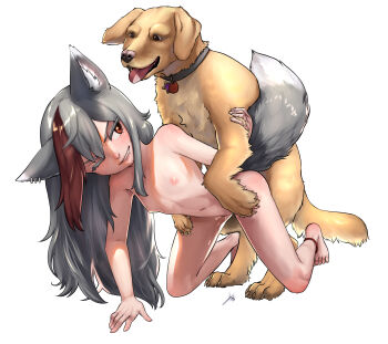 1boy 1girl absurdres animal_ears anklet aogami bestiality cat_ears cat_girl cat_tail dog doggystyle ear_piercing earrings fang flat_chest grey_hair grin highres jewelry loli looking_at_another looking_back mi-maki nude one_eye_closed piercing red_eyes sex sex_from_behind smile tail wolf_ears wolf_girl wolf_tail