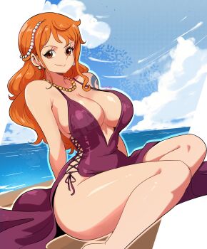1girl absurdres arm_behind_back armpit_crease artist_name bare_legs bare_shoulders beach beads blue_sky breasts brown_eyes cleavage closed_mouth cloud cloudy_sky commentary cross-laced_clothes cross-laced_dress curvy dress earrings feet_out_of_frame gold_necklace hair_beads hair_ornament halterneck highres horizon jewelry large_breasts legs lipgloss long_hair looking_at_viewer master67silver nami_(one_piece) nami_(one_piece)_(zou) necklace no_panties ocean official_alternate_costume one_piece orange_hair outdoors pearl_earrings purple_dress sand shiny_skin shoulder_tattoo side-tie_dress sitting sky smile solo tattoo thighs wavy_hair wide_hips