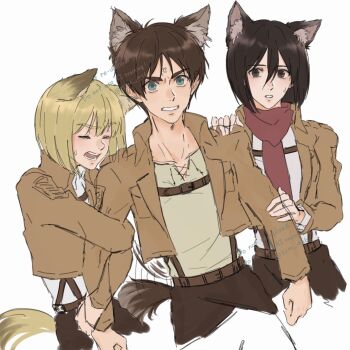 Rule 34 | 1girl, 2boys, anger vein, animal ear fluff, animal ears, armin arlert, black hair, blonde hair, breasts, brown hair, brown jacket, cat boy, cat ears, cat girl, cat tail, chest strap, clenched teeth, closed eyes, commentary request, cropped jacket, eren yeager, furrowed brow, green eyes, grey eyes, grey shirt, hair between eyes, hand on another's arm, hand on another's shoulder, highres, holding another's arm, holding back, jacket, kemonomimi mode, medium breasts, mikasa ackerman, military jacket, multiple boys, open mouth, parted bangs, parted lips, red scarf, scarf, shingeki no kyojin, shirt, short hair, sweatdrop, szm 426, tail, teeth, twitter username, white background, white shirt