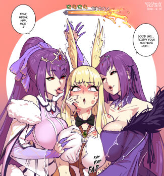 3girls blonde_hair breasts clone fate/grand_order fate_(series) fellatrix implied_futanari large_breasts lipstick_mark multiple_girls purple_hair red_eyes scathach_(fate) thrud_(fate)