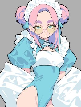 1girl blue_dress blue_eyes blue_ribbon breasts china_dress chinese_clothes cleavage_cutout closed_mouth clothing_cutout cowboy_shot dress expressionless frills grey_background hair_ribbon hashtag-only_commentary highres maid maid_headdress medium_hair minminmince original pink_hair puffy_short_sleeves puffy_sleeves qi_maid ribbon round_eyewear short_sleeves simple_background small_breasts solo thick_eyebrows yellow-framed_eyewear
