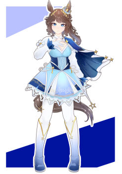 Rule 34 | 1girl, absurdres, animal ears, blue cape, blue dress, blue eyes, blue gloves, blush, boots, breasts, brown hair, cape, cleavage, cleavage cutout, closed mouth, clothing cutout, commentary, dress, ear ornament, flower, full body, gloves, hair ornament, highres, horse ears, horse girl, horse tail, long hair, long sleeves, looking at viewer, medium breasts, mu513989, original, pantyhose, solo, tail, umamusume, white boots, white pantyhose, winx (racehorse)
