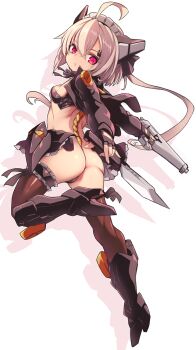 1girl ahoge armored_boots asymmetrical_dual_wielding bandeau black_bandeau black_boots black_gloves black_jacket black_ribbon black_skirt blonde_hair boots breasts brown_hair brown_thighhighs commentary_request crossed_bangs drop-shaped_pupils dual_wielding fingerless_gloves frilled_thigh_strap full_body gloves grey_panties hair_between_eyes hair_ribbon headgear highres holding holding_weapon huge_ahoge jacket karukan_(monjya) knee_boots long_hair long_sleeves looking_at_viewer low_twintails maid_headdress microskirt multicolored_hair open_clothes open_jacket open_skirt original panties parted_lips pink_eyes ribbon skirt small_breasts solo symbol-shaped_pupils thigh_strap thighhighs twintails two-tone_hair underwear very_long_hair weapon white_background